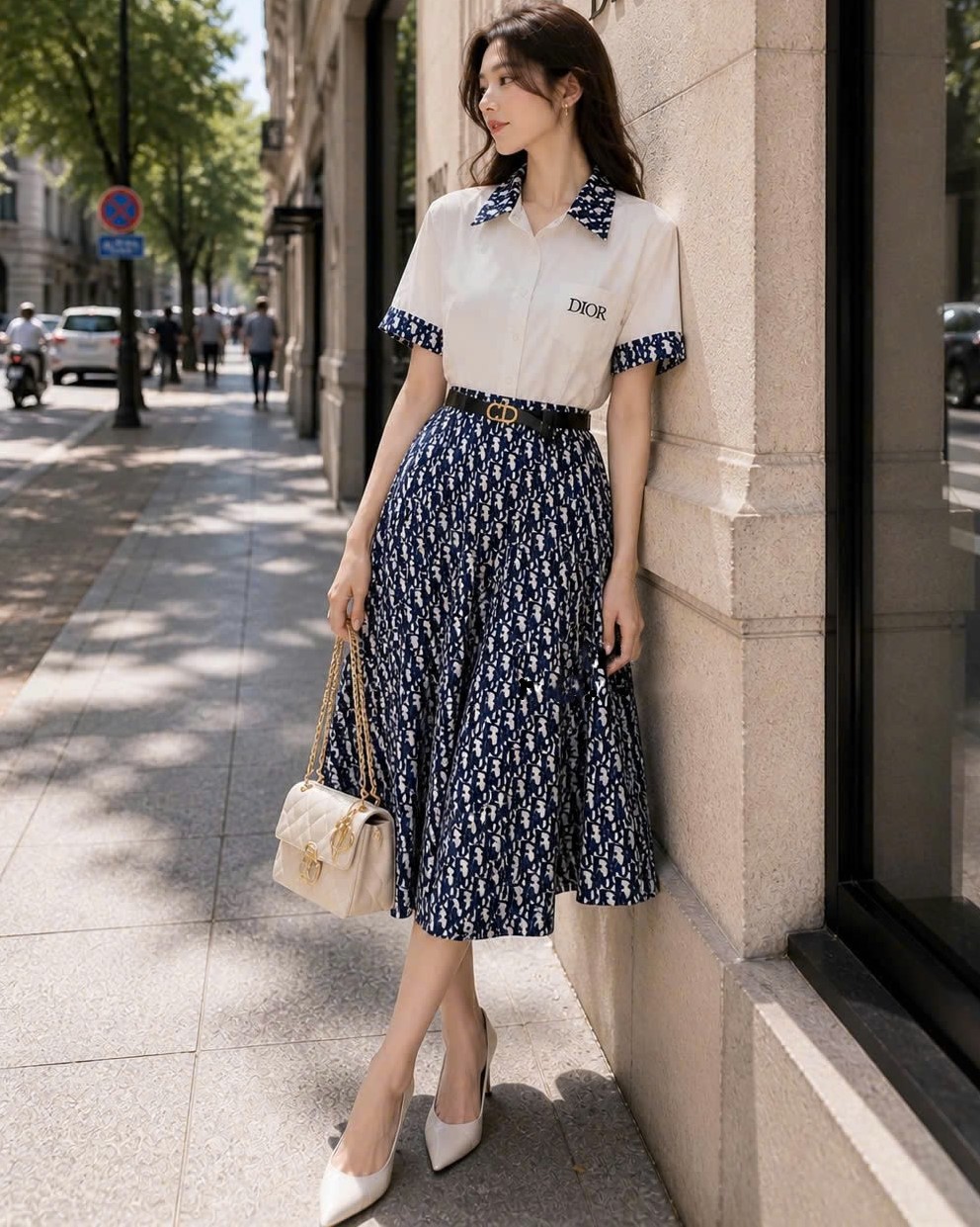Áo đầm nữ dáng dài xòe trắng đen phối họa tiết hãng Dior 4